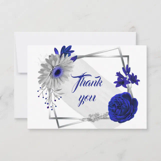 royal blue silver flowers geometric thank you card | Zazzle