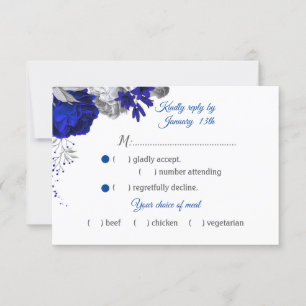 royal blue & silver flowers meal choice RSVP card