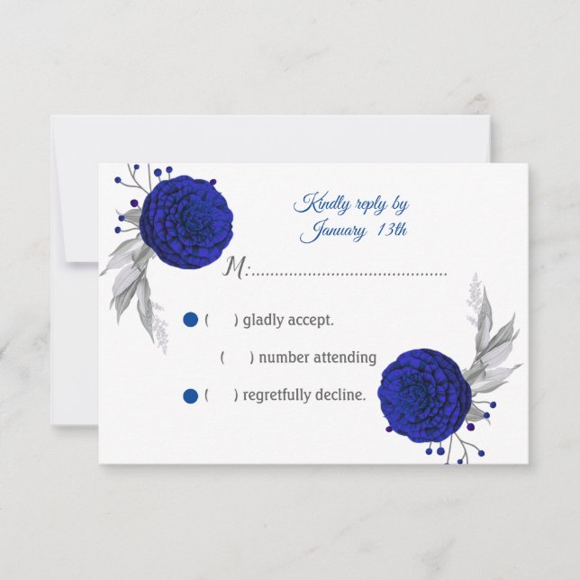 royal blue & silver flowers RSVP card (Front)