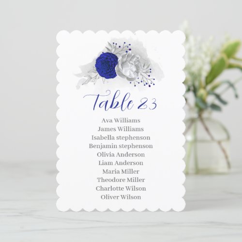 royal blue silver flowers seating chart card