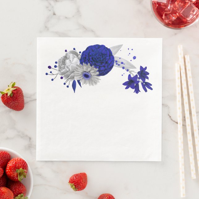 royal blue & silver flowers & silver leaves paper dinner napkins (Insitu)