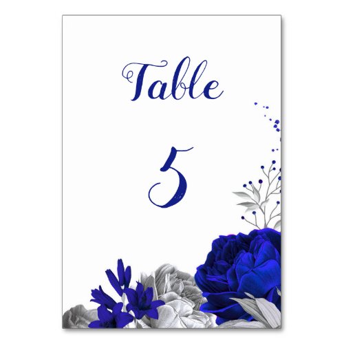 royal blue  silver flowers table number