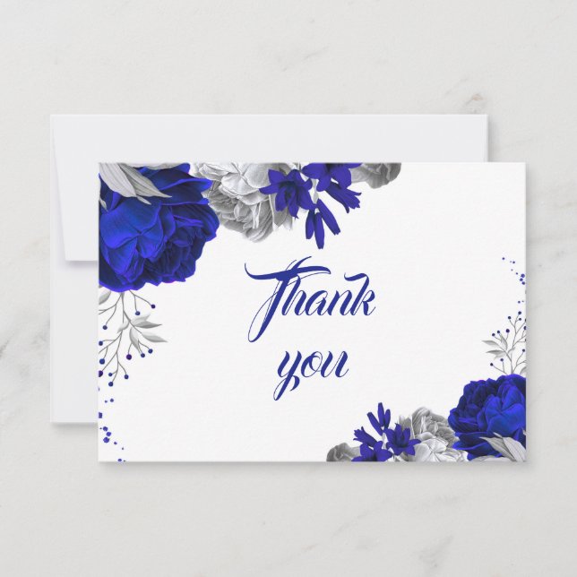 royal blue silver flowers  thank you card (Front)