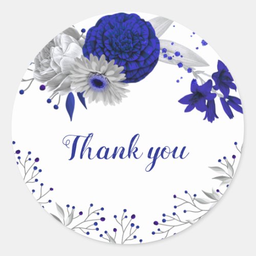 royal blue  silver flowers thank you classic round sticker