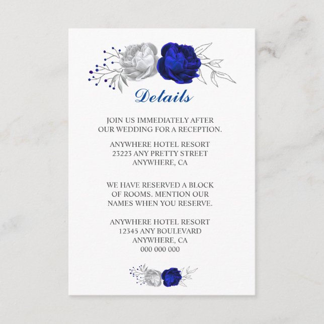 royal blue & silver flowers white details enclosure card (Front)