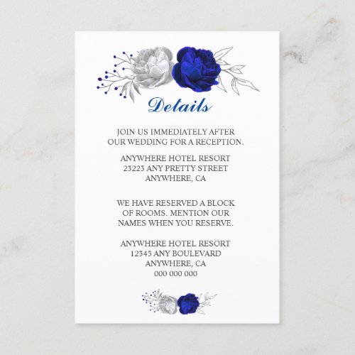 royal blue  silver flowers white details enclosure card