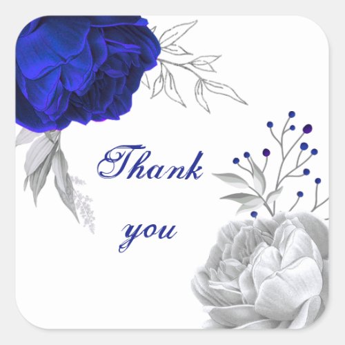 royal blue  silver flowers white thank you square sticker