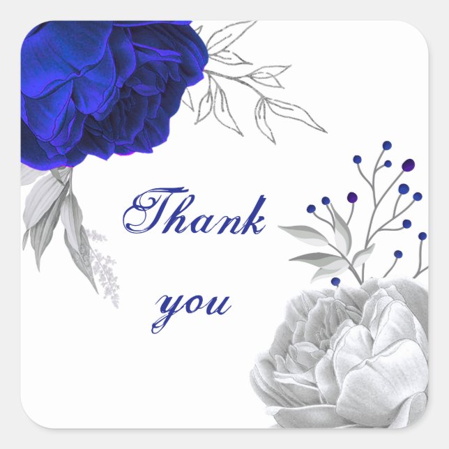 royal blue & silver flowers white thank you square sticker (Front)