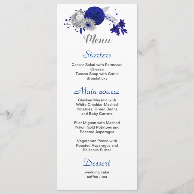 royal blue silver flowers white wedding menu (Front)