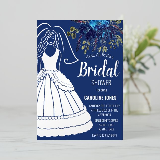 Royal Blue Silver Foil Floral Dress Bridal Shower Foil Invitation (Standing Front)