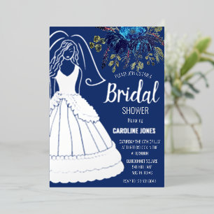 Royal Blue Silver Foil Floral Dress Bridal Shower Invitation