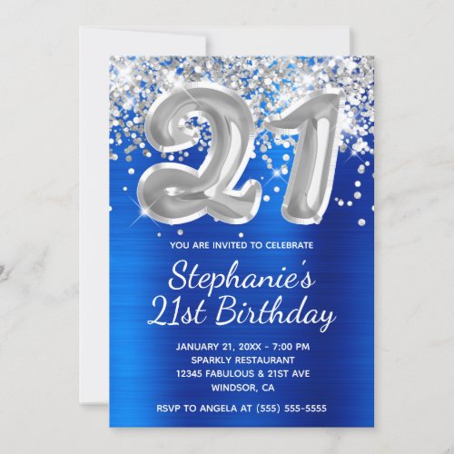 Royal Blue Silver Glitter Balloon 21st Birthday Invitation