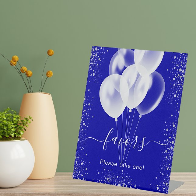 Royal blue silver glitter balloons favors guest pedestal sign (Creator Uploaded)