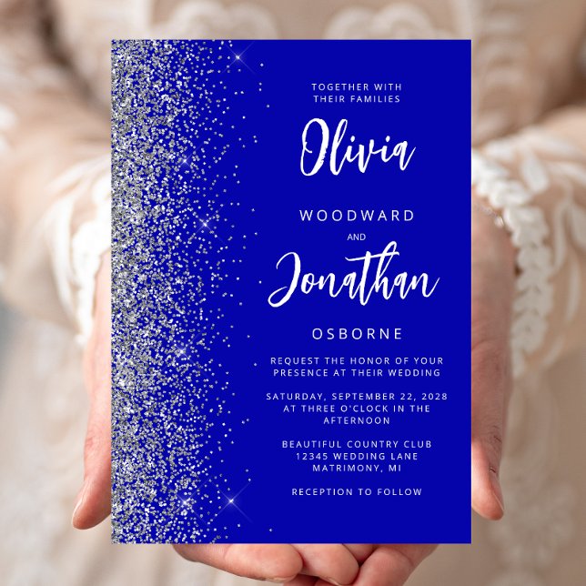 Royal Blue Silver Glitter Calligraphy Wedding Invitation (Creator Uploaded)