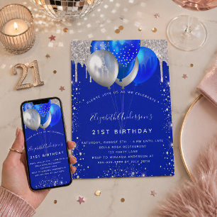 Royal blue silver glitter drips balloons birthday invitation