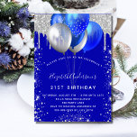 Royal blue silver glitter drips balloons birthday invitation<br><div class="desc">A royal blue background. Decorated with faux silver glitter drips paint dripping look,  sparkles and balloons. Personalize and add a name and party details. The name is written with a hand lettered style script.</div>
