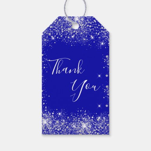 Royal blue silver glitter dust monogram thank you gift tags