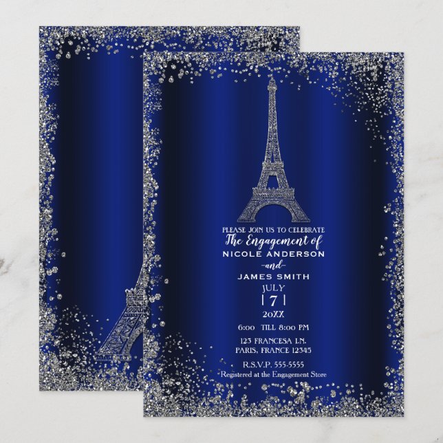 Royal Blue Silver Glitter Eiffel Tower Engagement Invitation (Front/Back)