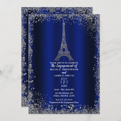 Royal Blue Silver Glitter Eiffel Tower Engagement Invitation