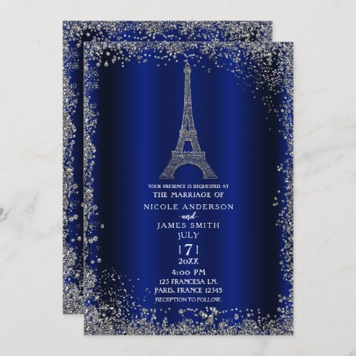 Royal Blue Silver Glitter Eiffel Tower Wedding Invitation