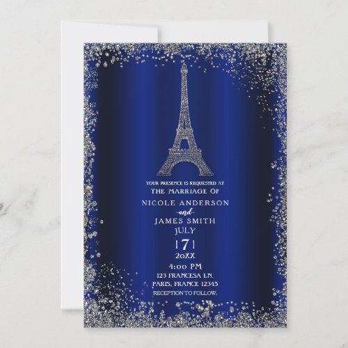 Royal Blue Silver Glitter Eiffel Tower Wedding Invitation
