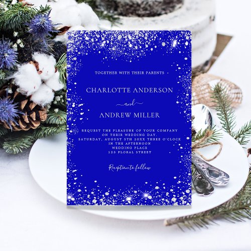  Royal blue silver glitter elegant wedding Invitation