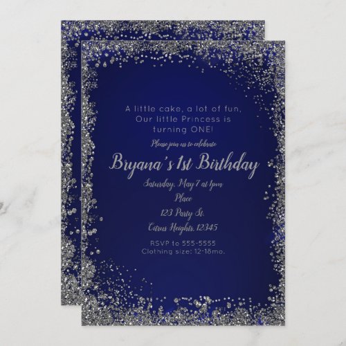 Royal Blue Silver Glitter Glam 1ST Birthday Party Invitation