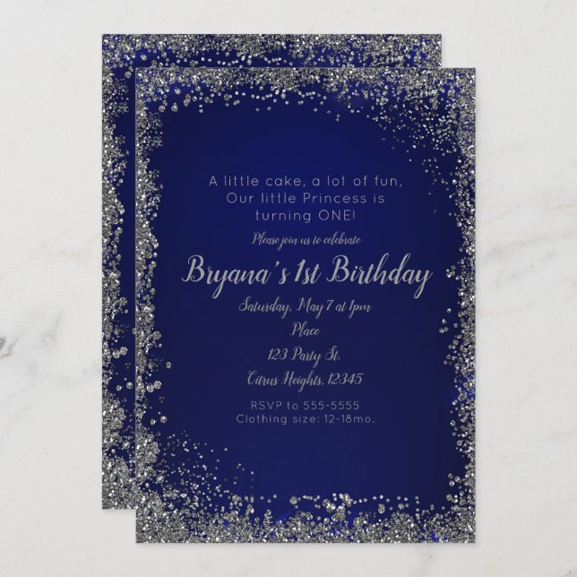 Royal Blue Silver Glitter Glam 1ST Birthday Party Invitation (Front/Back)