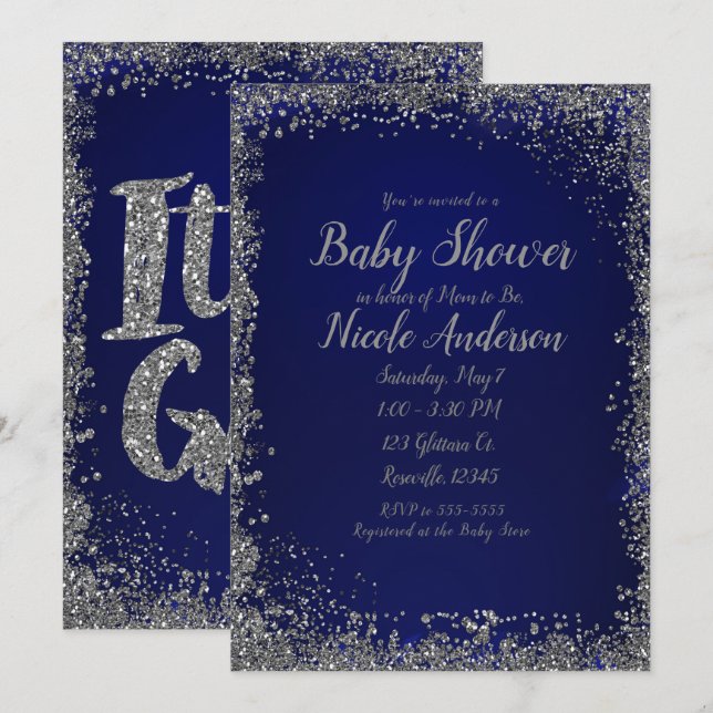 Royal Blue Silver Glitter Glam Modern Baby Shower Invitation (Front/Back)