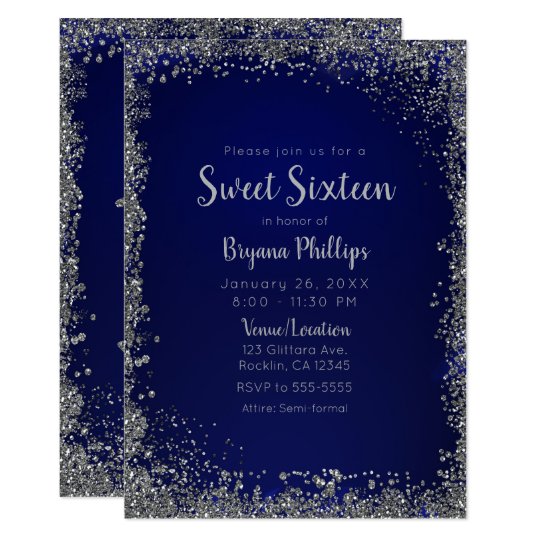 Royal Blue & Silver Glitter Glam Sweet 16 Party Invitation | Zazzle.com