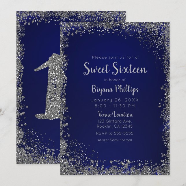 Royal Blue & Silver Glitter Glam Sweet 16 Party Invitation (Front/Back)
