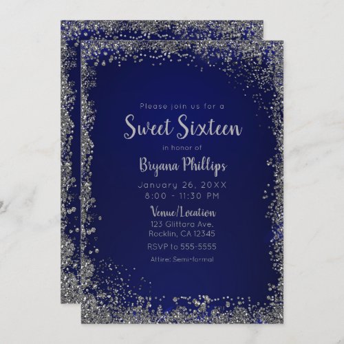 Royal Blue  Silver Glitter Glam Sweet 16 Party Invitation