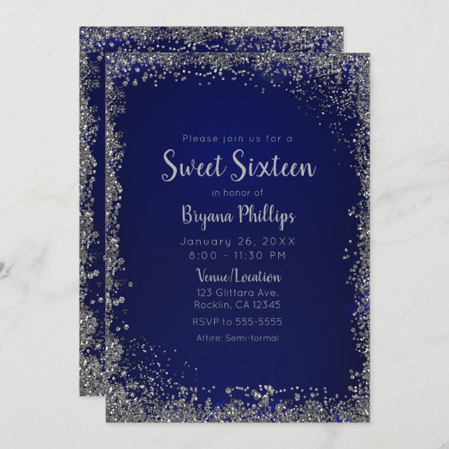 Royal Blue & Silver Glitter Glam Sweet 16 Party Invitation (Front/Back)