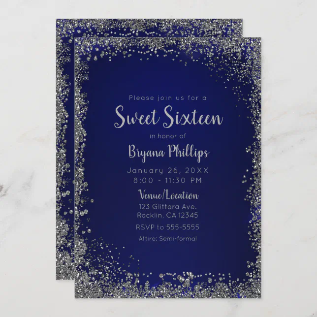 Royal Blue & Silver Glitter Glam Sweet 16 Party Invitation | Zazzle