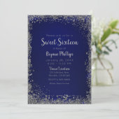 Royal Blue & Silver Glitter Glam Sweet 16 Party Invitation (Standing Front)