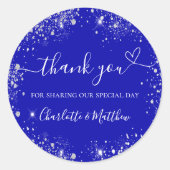 Royal blue silver glitter heart thank you wedding classic round sticker (Front)