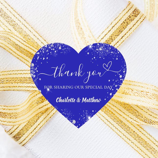 Royal blue silver glitter heart thank you wedding sticker (Creator Uploaded)