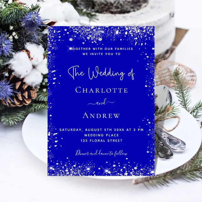 Royal blue silver glitter luxury wedding invitation | Zazzle