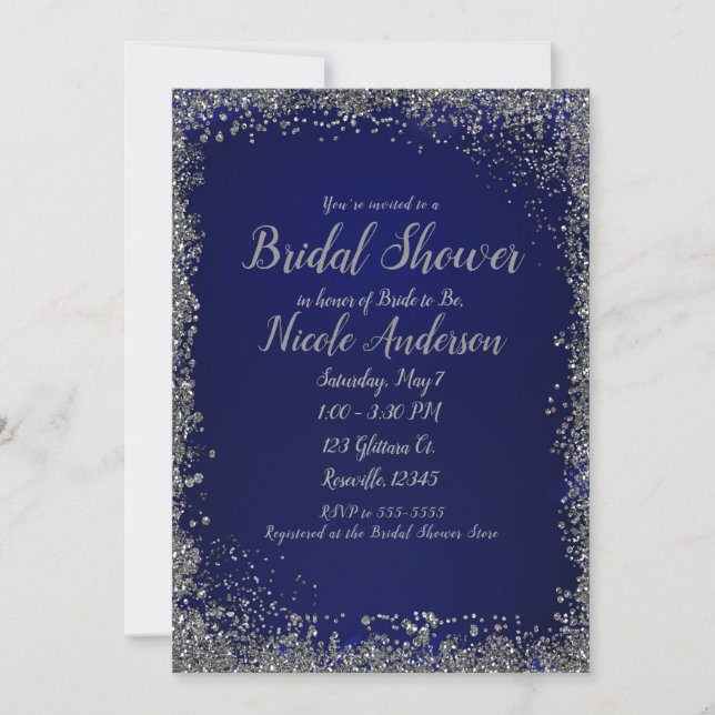 Royal Blue & Silver Glitter Modern Bridal Shower Invitation (Front)