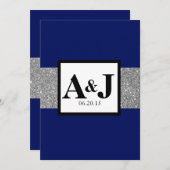 Royal Blue Silver Glitter Monogram Wedding Invite (Front/Back)