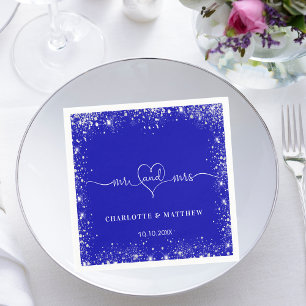 Royal blue silver glitter mr mrs heart wedding napkins