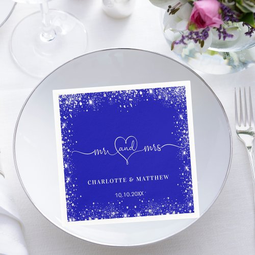 Royal blue silver glitter mr mrs heart wedding napkins