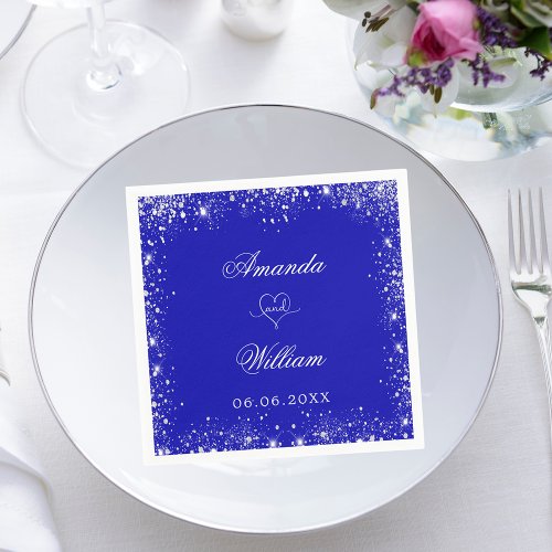 Royal blue silver glitter names heart wedding napkins