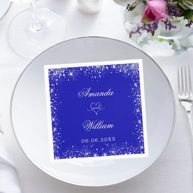 Royal blue silver glitter names heart wedding napkins (Creator Uploaded)