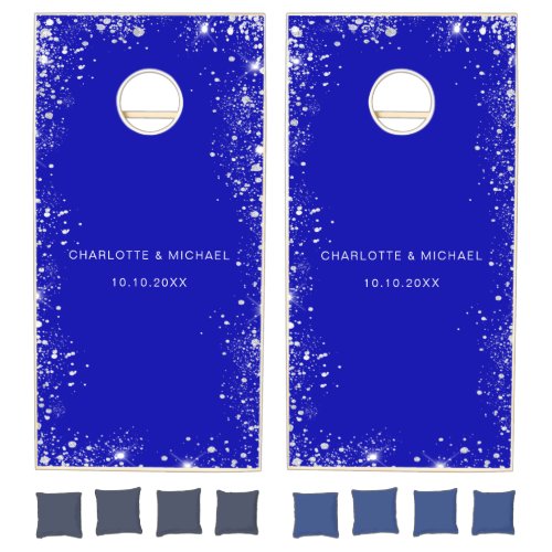 Royal blue silver glitter names wedding cornhole set