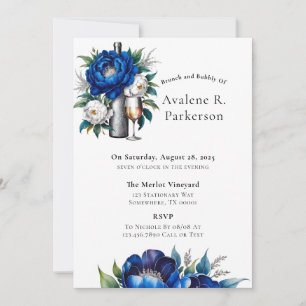 Royal Blue Silver Glitter Peony Brunch and Bubbly Invitation
