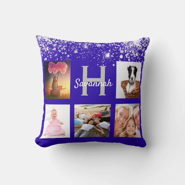 Royal blue silver glitter photo collage name throw pillow (Front)