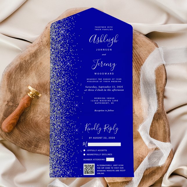 Royal Blue Silver Glitter QR Code Wedding All In One Invitation (Creator Uploaded)
