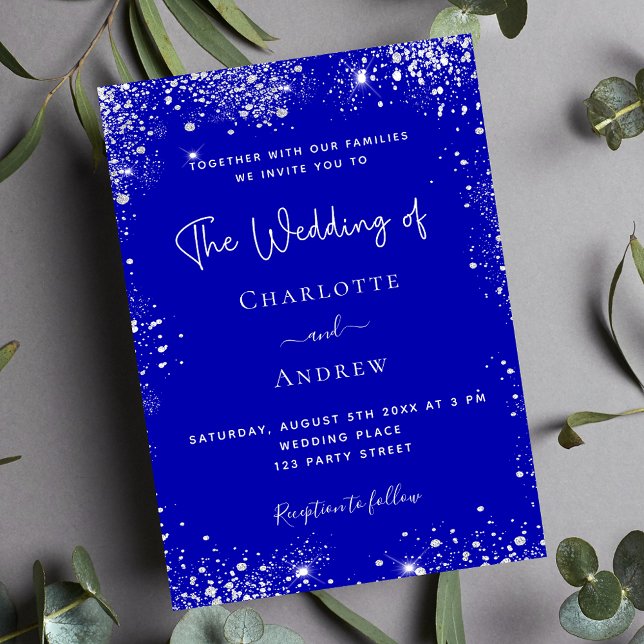 Royal blue silver glitter QR RSVP luxury wedding Invitation (Creator Uploaded)