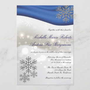 Royal Blue Silver Glitter Snowflake Winter Wedding Invitation